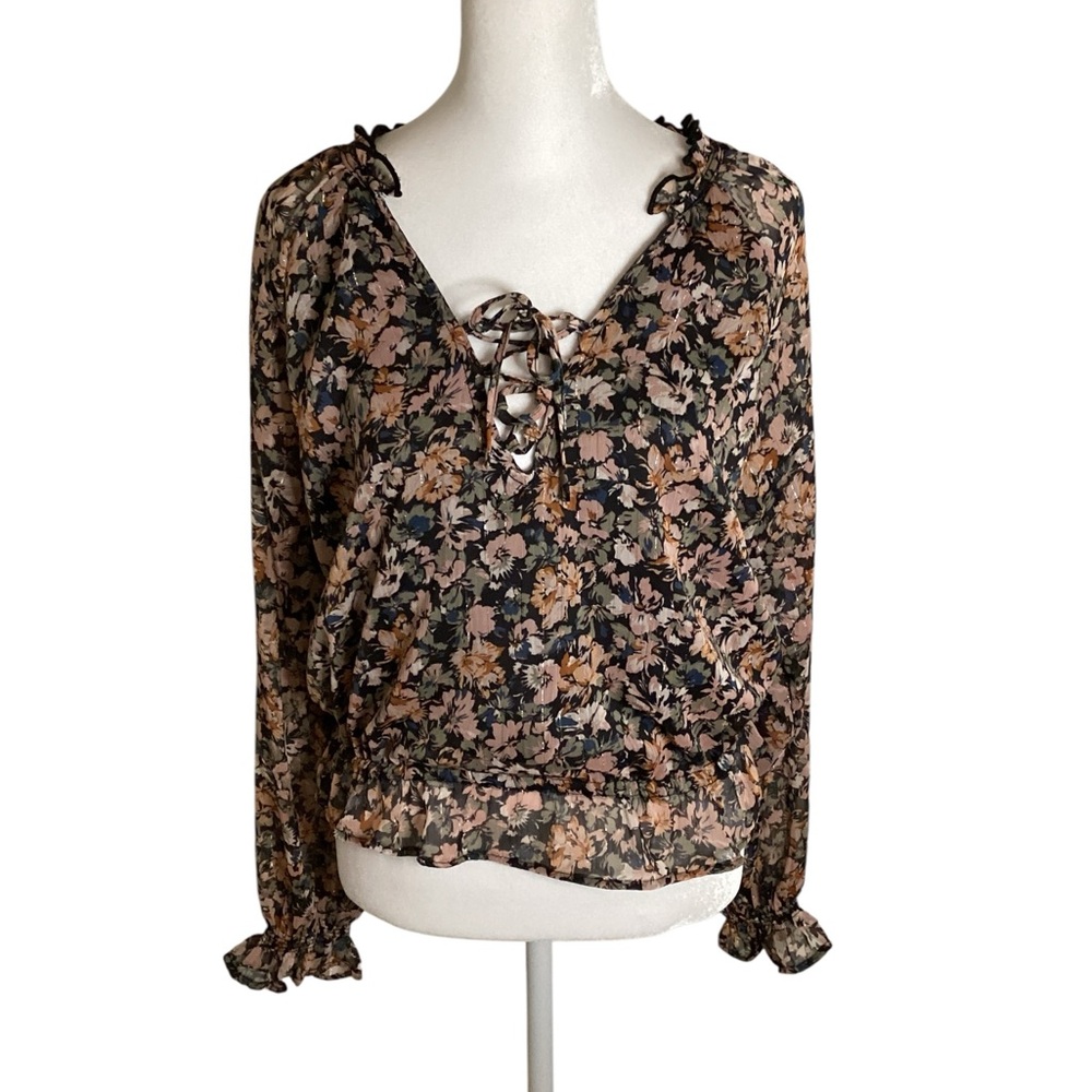 Women’s American Eagle Outfitters Small Pink Floral Print Ruffled Trim Blouse